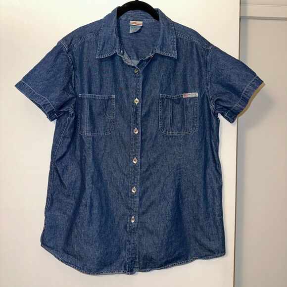 Disney Vintage Denim Button Up Collared Shirt Mickey Picnic Scene Embroidered XL - Picture 2 of 12